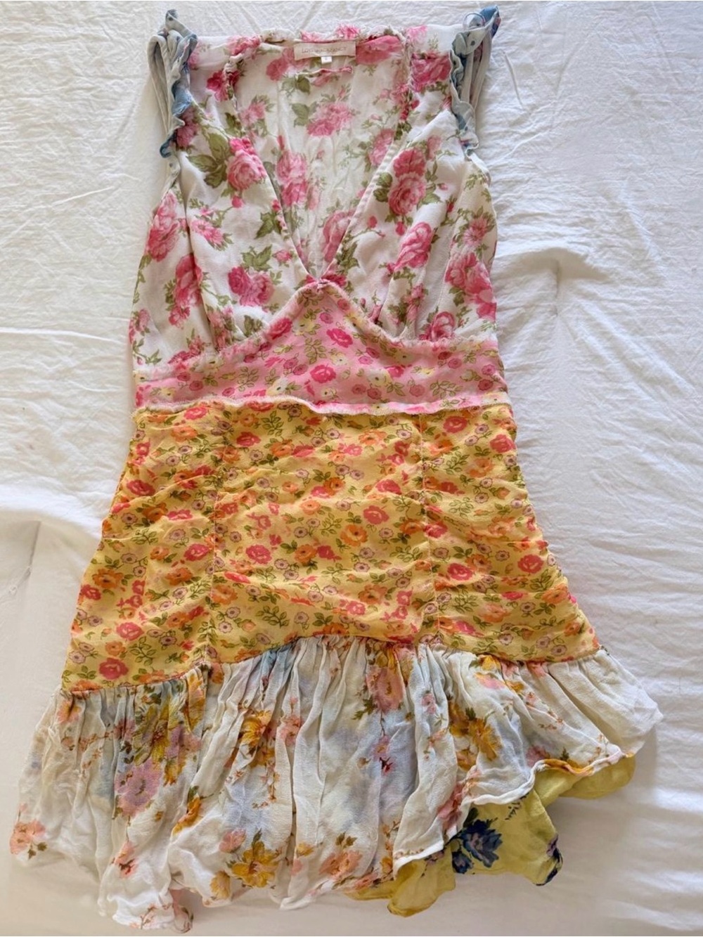 LoveShackFancy Girls Floral Tiered Dress in Pink, Yellow, Cream